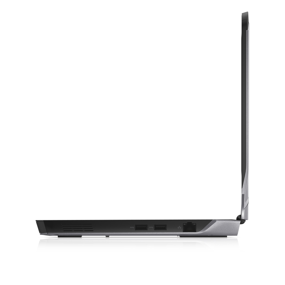 Seitenansicht eines schwarzen Laptops mit Anschlüssen, isoliert auf weißem Hintergrund.