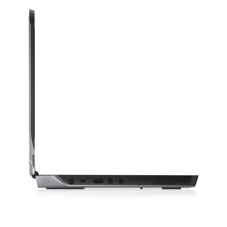 Seitenansicht eines schwarzen Dell-Laptops mit Anschlüssen und Lüftungsschlitzen auf weißem Hintergrund.