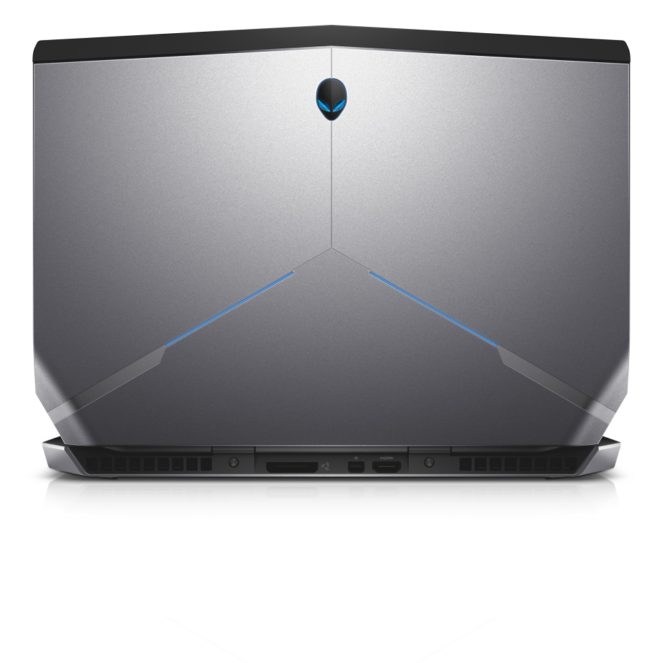 Alienware-Laptop-Draufsicht, silber mit blauen Akzenten und dem Alienware-Logo. Weißer Hintergrund.
