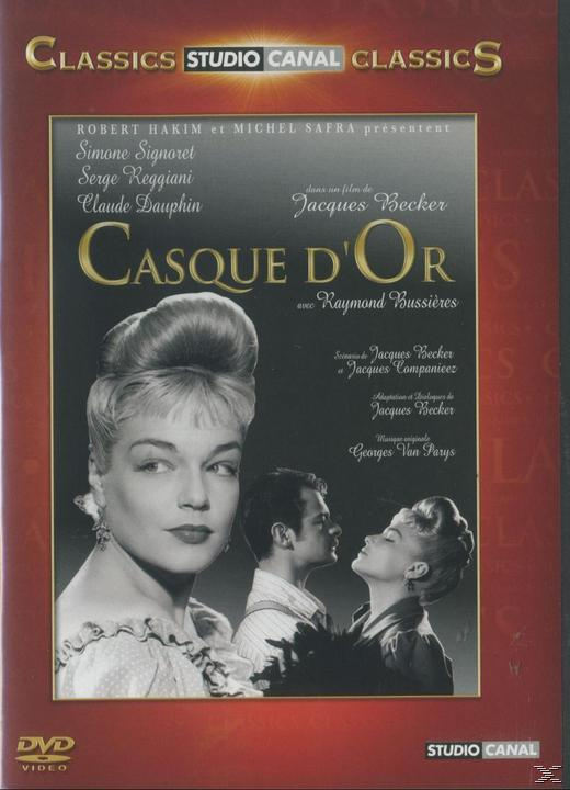 Couverture DVD du film "Casque d'Or". Avec une femme blonde, deux hommes et du texte en français. Palette de couleurs rouge et or.