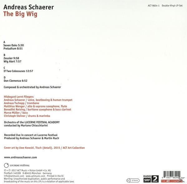 R ückseite der CD 'The Big Wig' von Andreas Schaer. Enthält Trackliste und Credits, schwarzweiß.