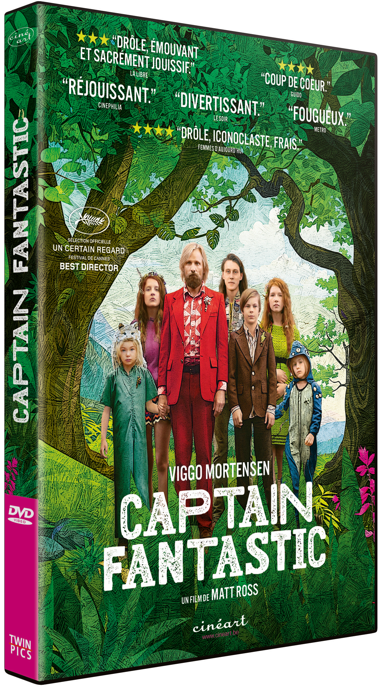 Couverture DVD de Captain Fantastic. Avec Viggo Mortensen et des enfants dans un cadre forestier.