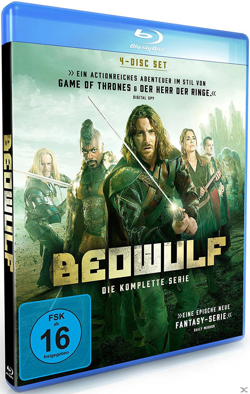 Blu-ray-Box-Set der Bedwulf-Serie mit Charakteren, die Schwerter halten. Enthält Text und ein Bewertungssymbol.