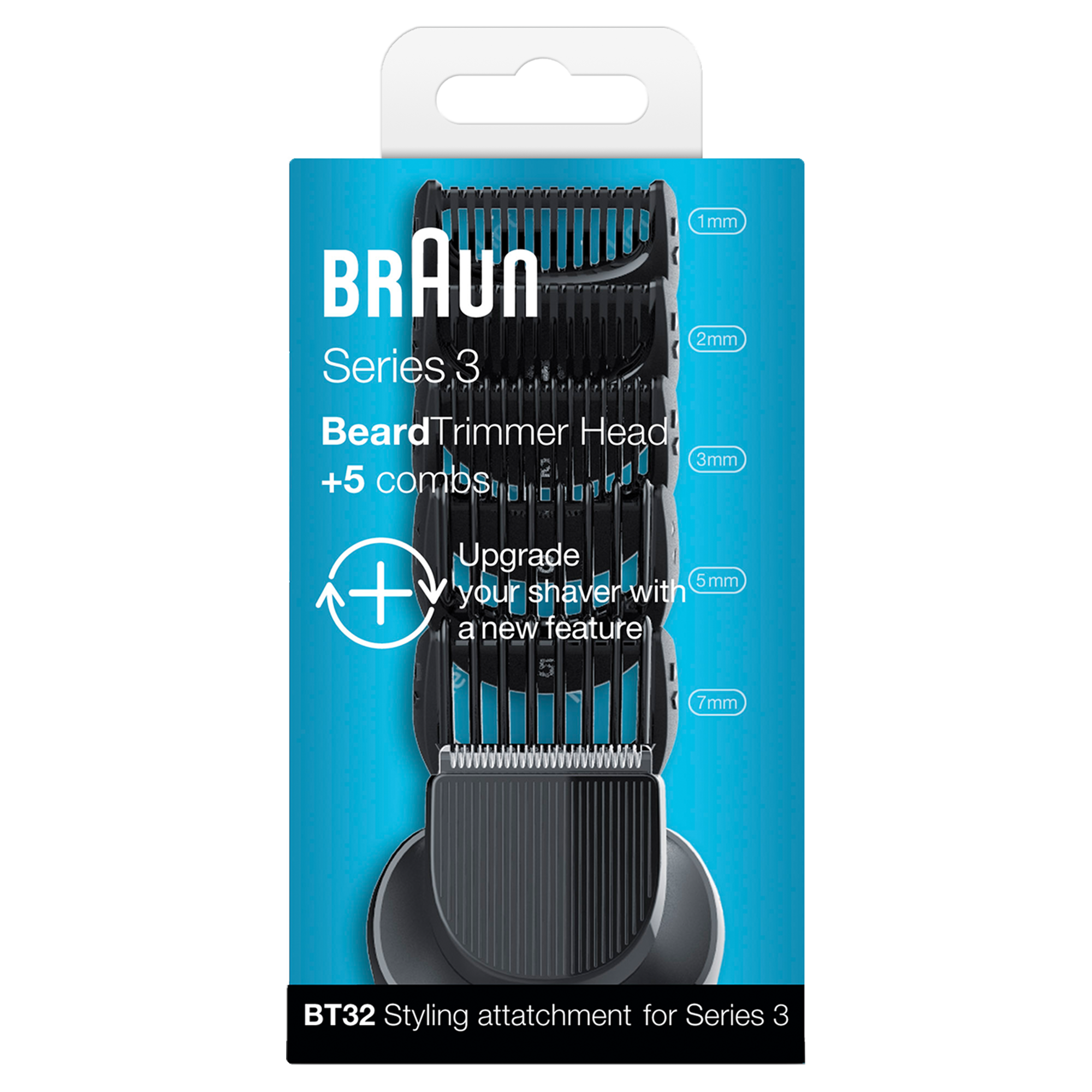 Braun Series 3 szakállvágó fej csomagolása. Megmutatja a trimmert és a különböző hajhosszúságokhoz való tartozékokat.