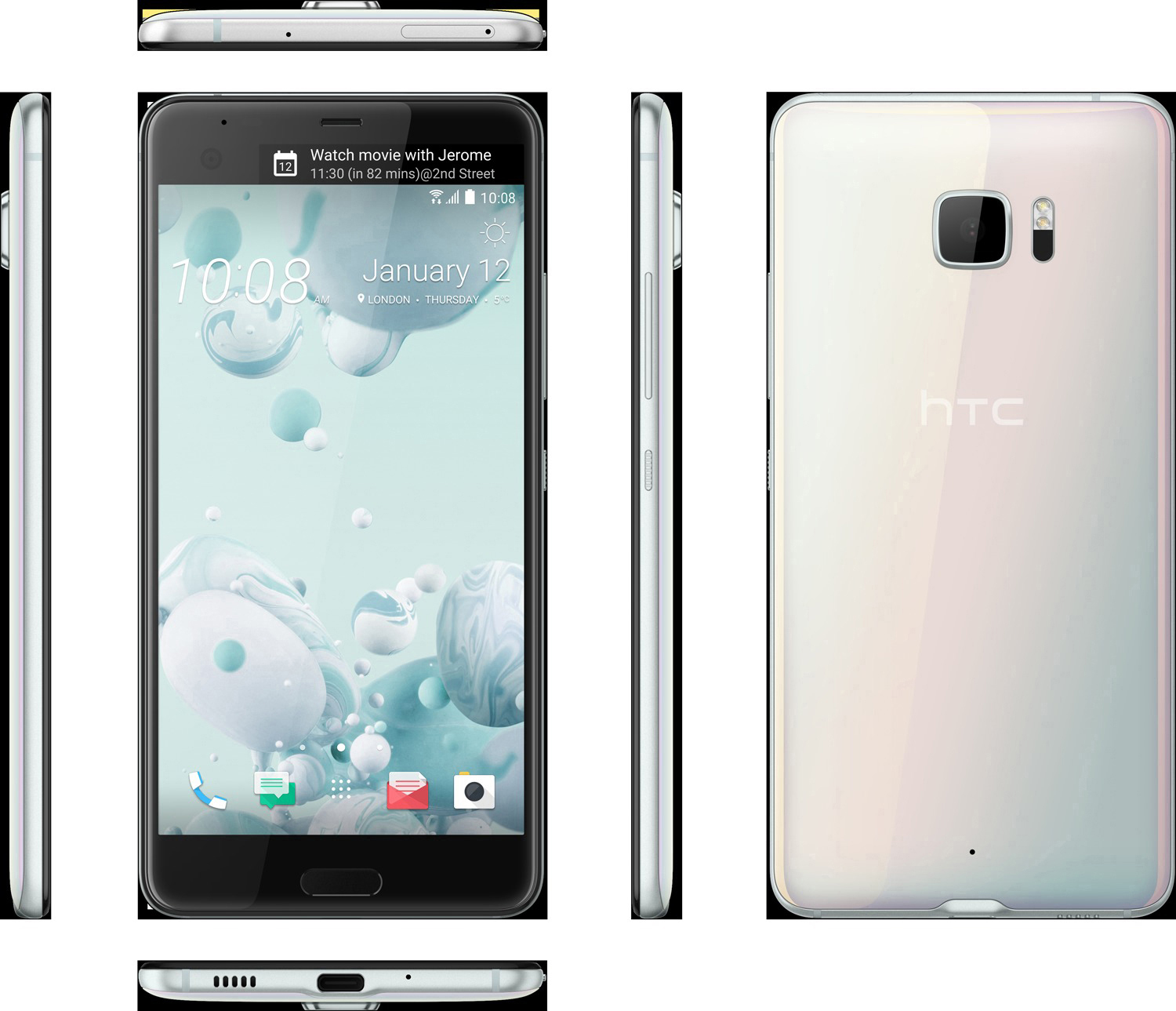 HTC-Smartphone in Weiß, zeigt Vorder-, Rück-, Ober- und Seitenansichten. Der Bildschirm zeigt eine Uhr und einen Kalender.