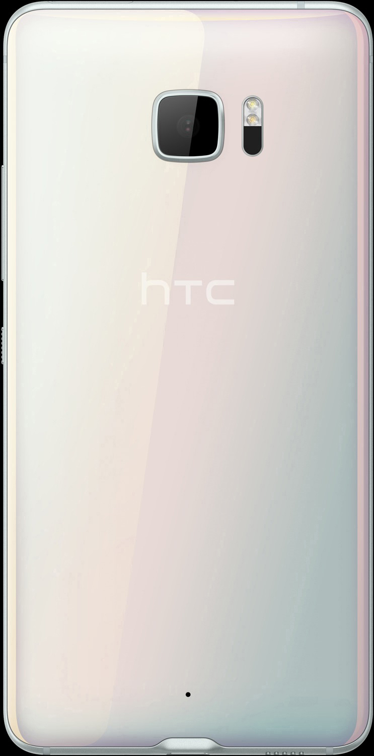 Rückansicht eines weißen HTC-Telefons mit Kamera und Blitz. HTC-Logo sichtbar.