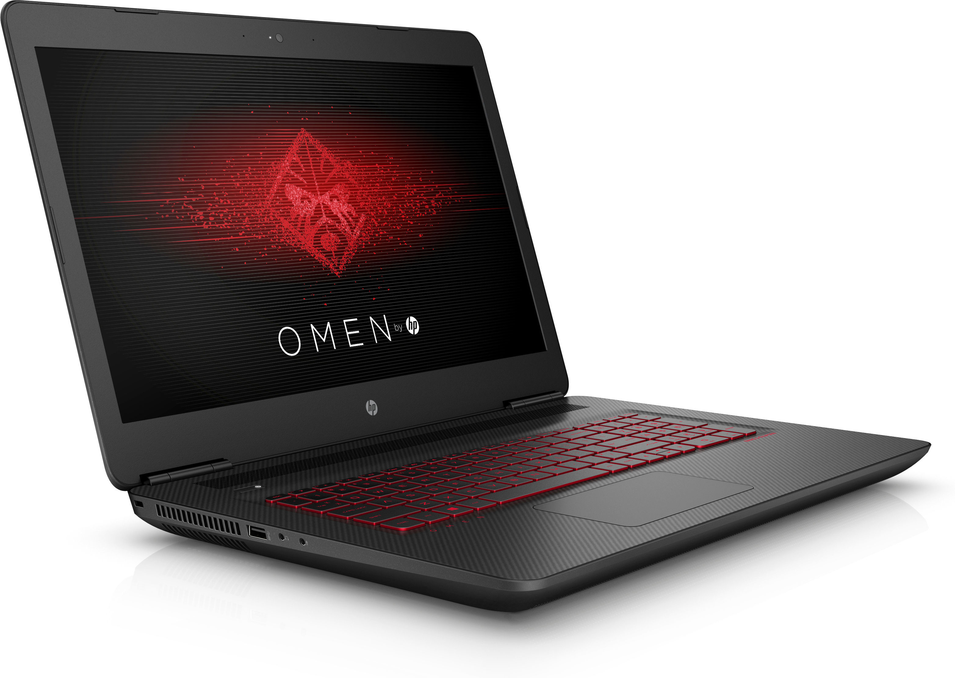 Schwarzer HP OMEN Laptop, geöffnet, Bildschirm zeigt rotes Logo auf schwarzem Hintergrund, rot beleuchtete Tastatur.