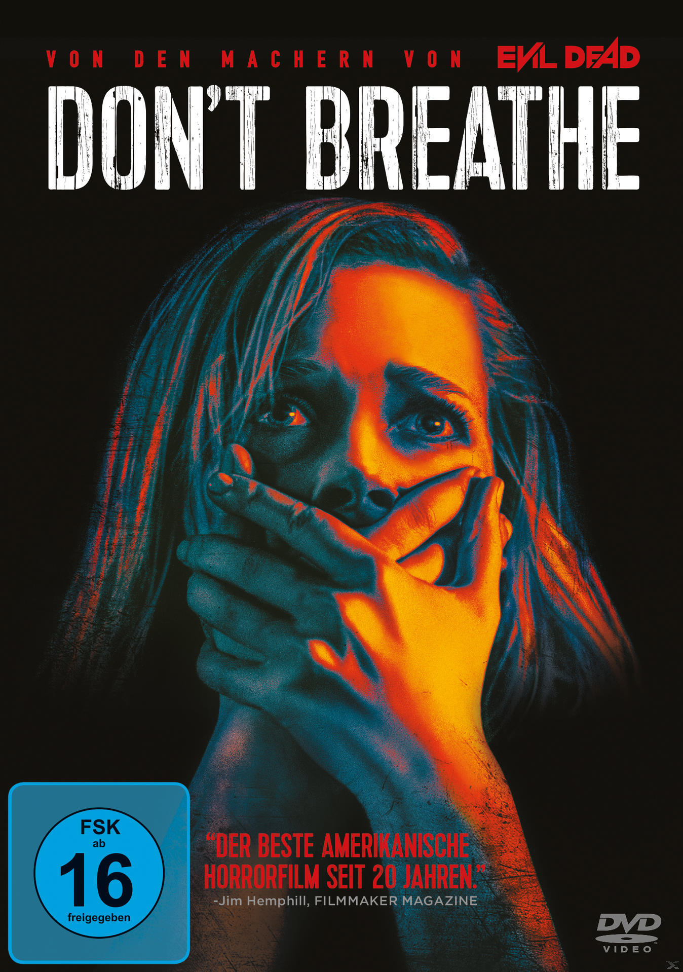 DVD-Cover des Films 'Don't Breathe' mit einer Frau, die ihren Mund bedeckt.