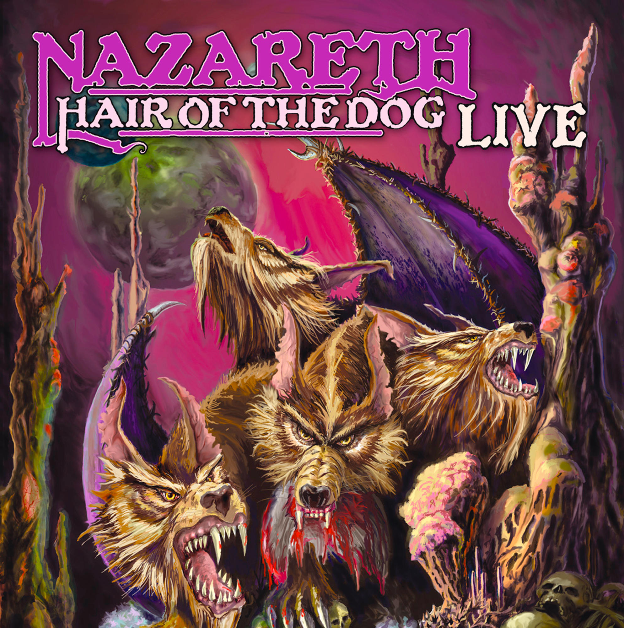 Nazareth Hair of the Dog Live Albumcover. Zeigt Wölfe und einen rot-violetten Hintergrund.