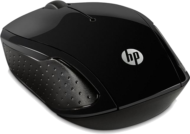 Eine schwarze HP-Computermaus mit strukturierter Grifffläche an der Seite und dem HP-Logo.