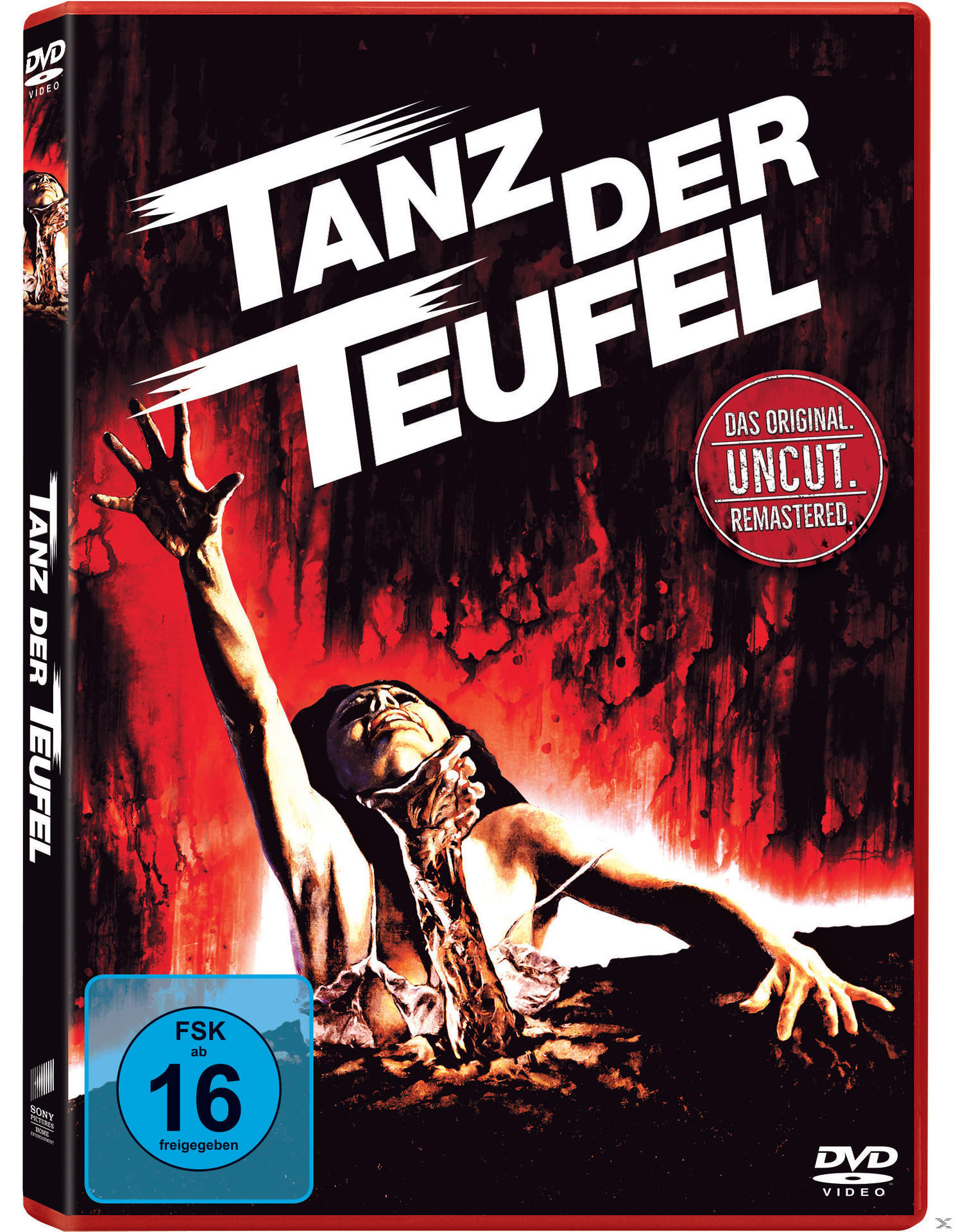 Tanz der Teufel DVD-Cover. Frau mit Hand, die aus dem Boden ragt, roter Hintergrund.