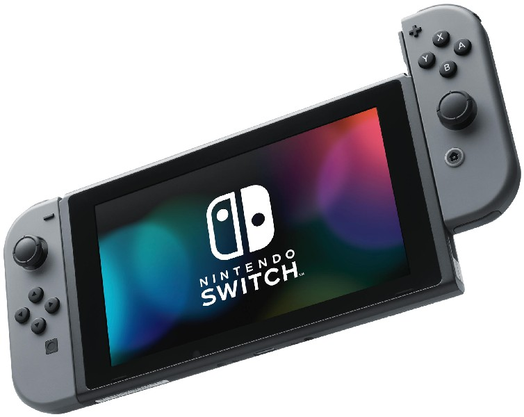 Nintendo Switch Konsole mit angebrachten grauen Controllern. Der Bildschirm zeigt das Nintendo Switch-Logo.