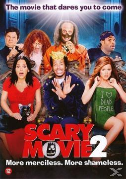 Couverture du DVD de Scary Movie 2. Distribution d'ensemble de personnages avec un chat noir, devant un fond bleu.