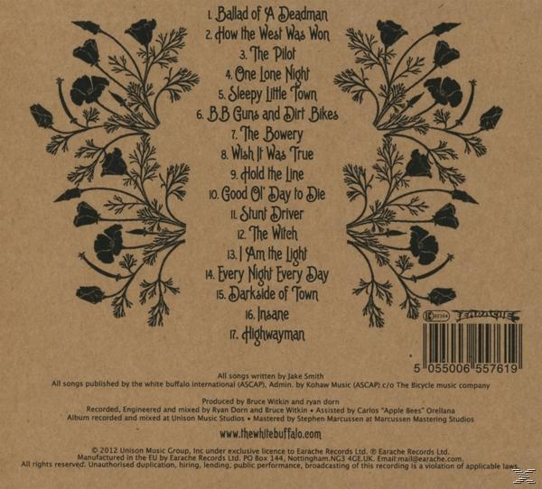 Albumcover mit Titelliste, floralen Akzenten und einem weißen Hintergrund mit Text.