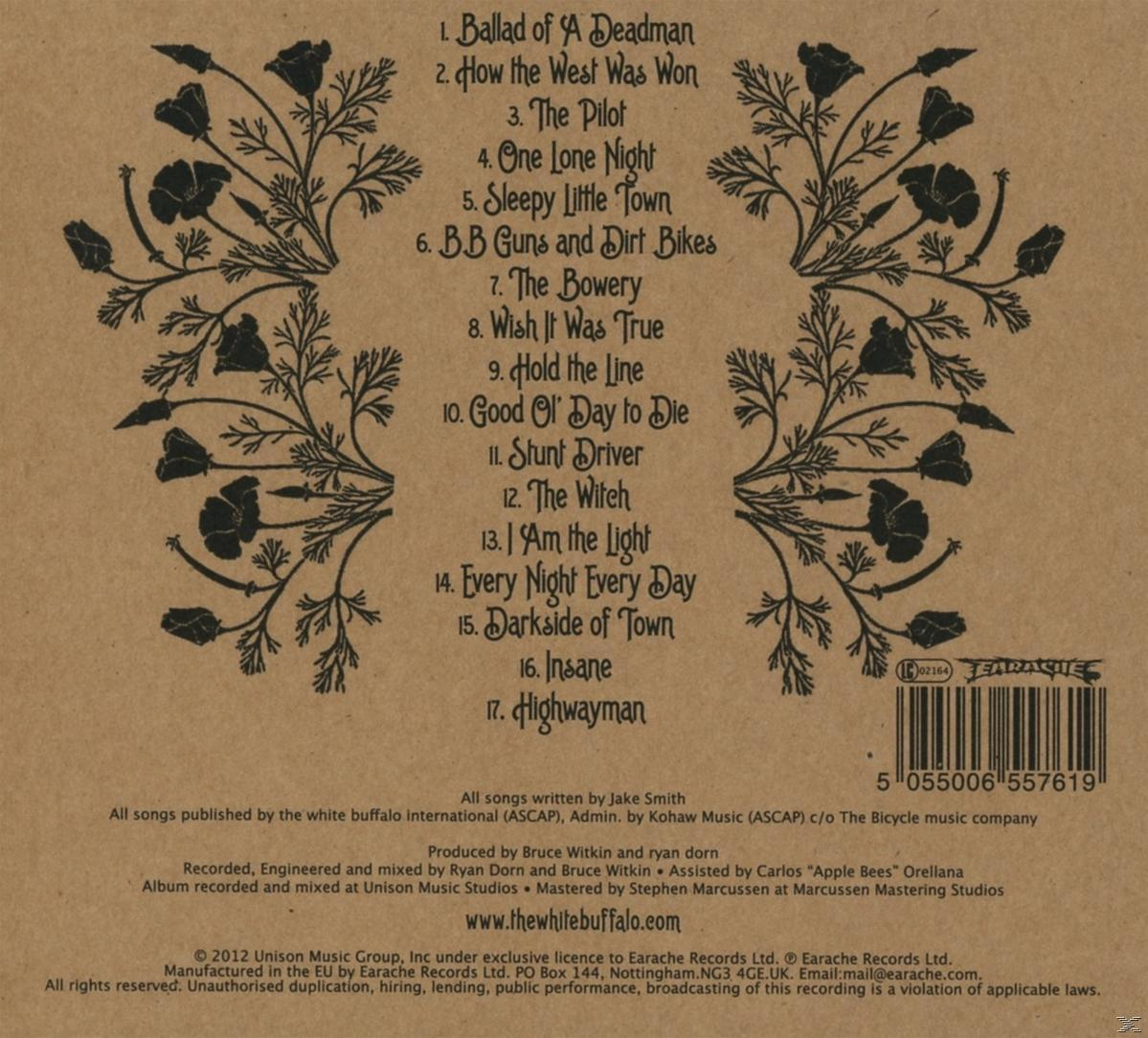 Album-Rückseite mit Songtiteln in Weiß auf floralem Hintergrund.