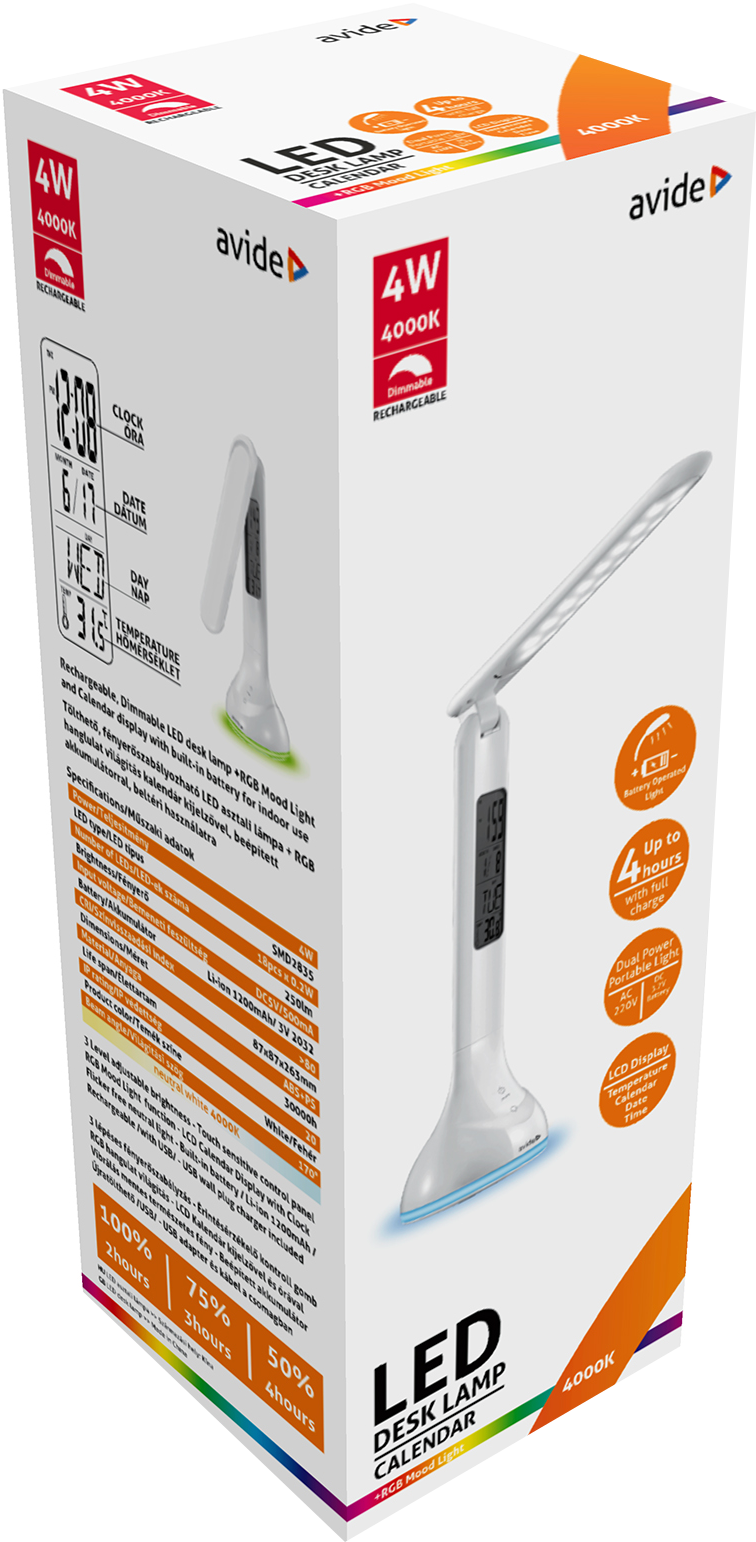 AVIDE ABLDLRGB-CALEND-4W 4W-os fehér asztali lámpa lehajtható, naptár funkcióval