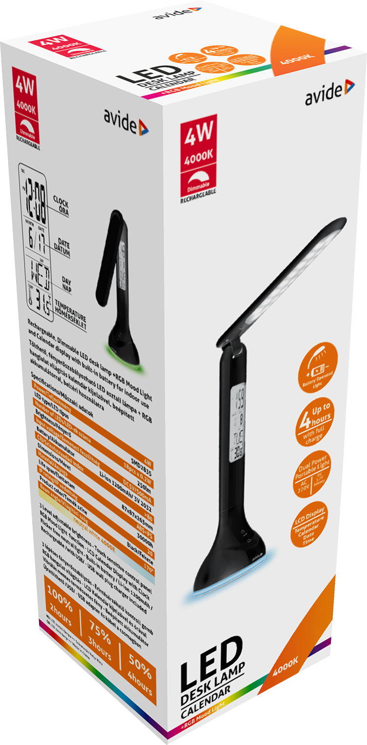 AVIDE ABLDLRGB-CALEND.4W-BL 4W-os fekete asztali lámpa lehajtható, naptár funkcióval