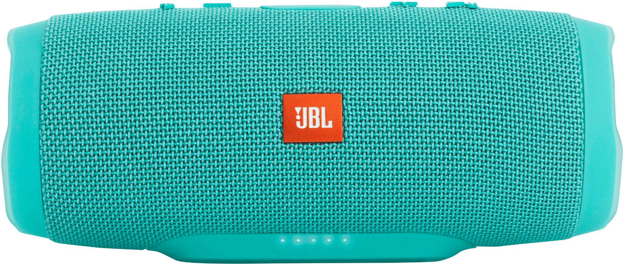 Ein türkisfarbener JBL Charge 3 Lautsprecher mit JBL-Logo auf der Vorderseite. Er hat Bedienelemente und weiße Lichter.