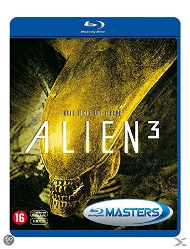 Blu-ray cover art van de film Alien 3. Het hoofd van een metalen wezen wordt getoond.
