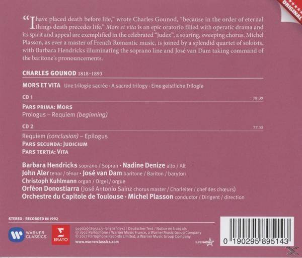 Rückseite einer CD mit Text in mehreren Sprachen. Rosa Hintergrund mit weißem Text.