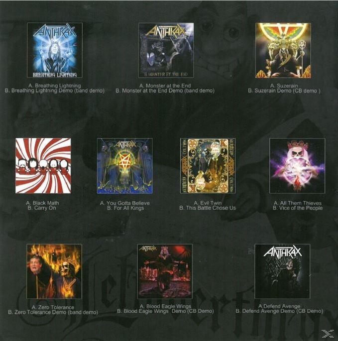 Anthrax-Albumcover mit Bandnamen und Songtiteln, die in einem Raster angezeigt werden.