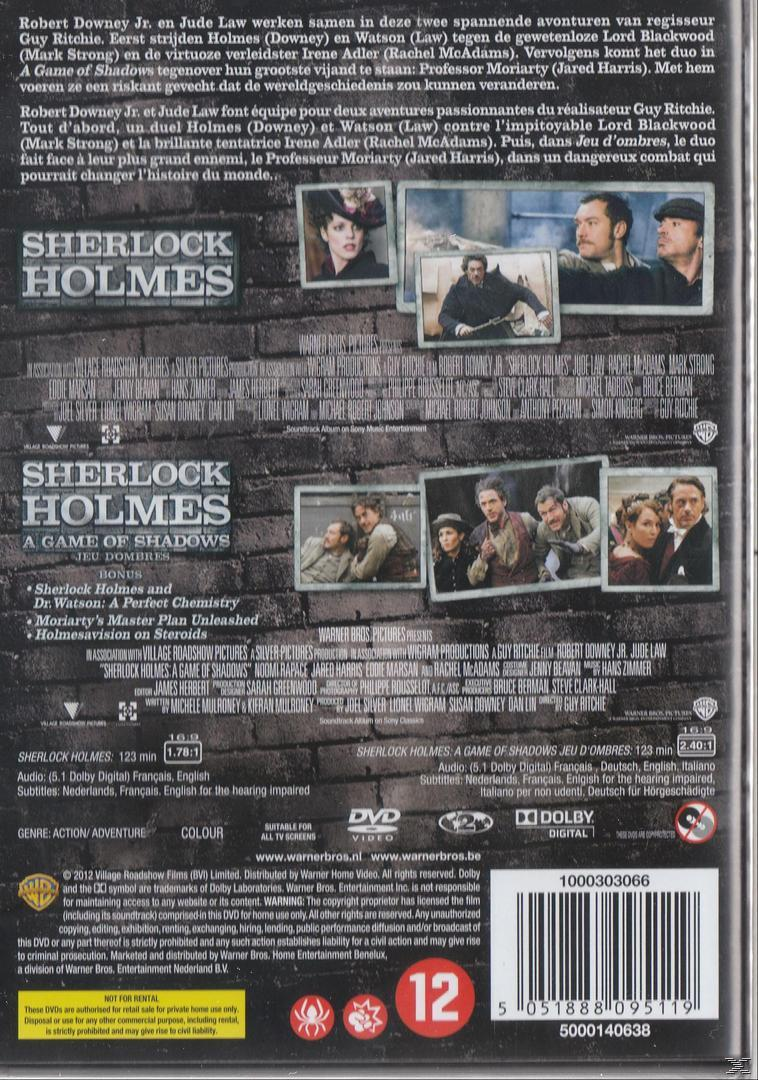 DVD-hoes voor Sherlock Holmes: A Game of Shadows, met acteursportretten.