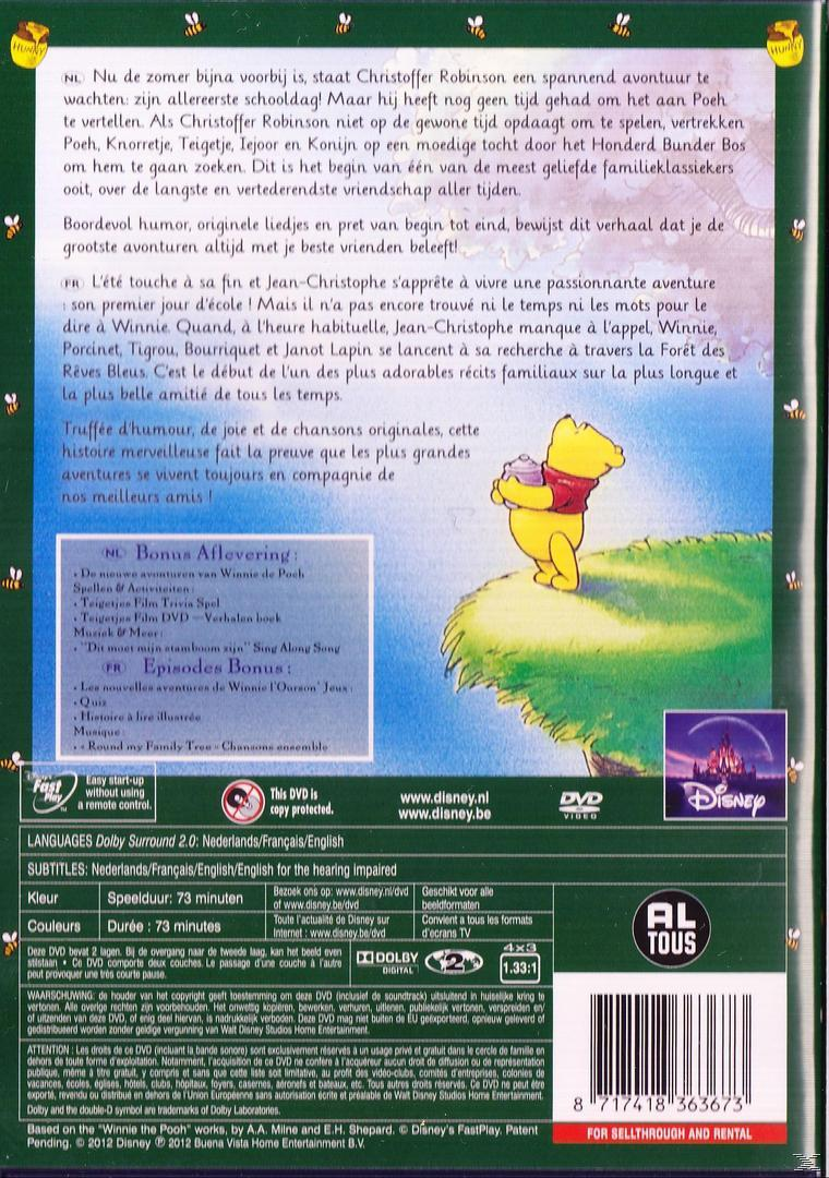 DVD-hoes voor Winnie de Poeh. Poeh en een vriend staan in een veld met een boom. Tekst in verschillende talen.