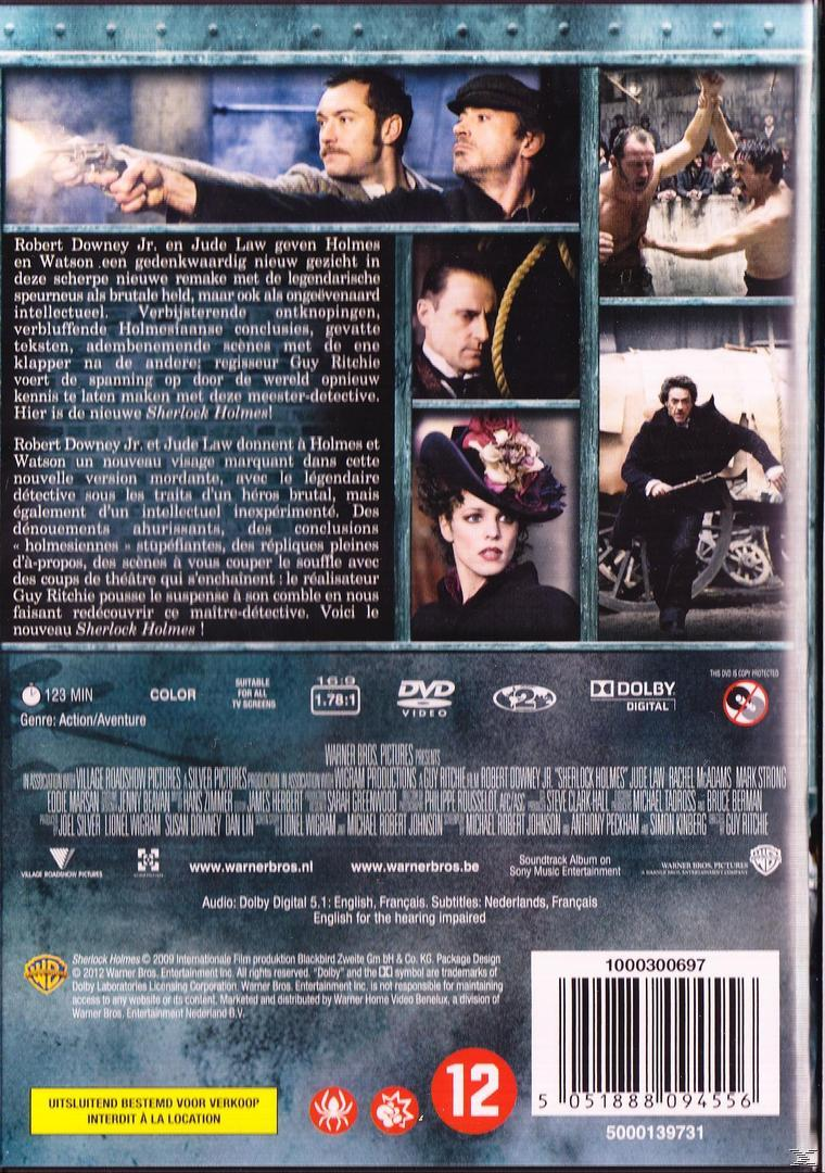 Dos d'un DVD de Sherlock Holmes avec des images, du texte et une liste de fonctionnalités et de crédits.