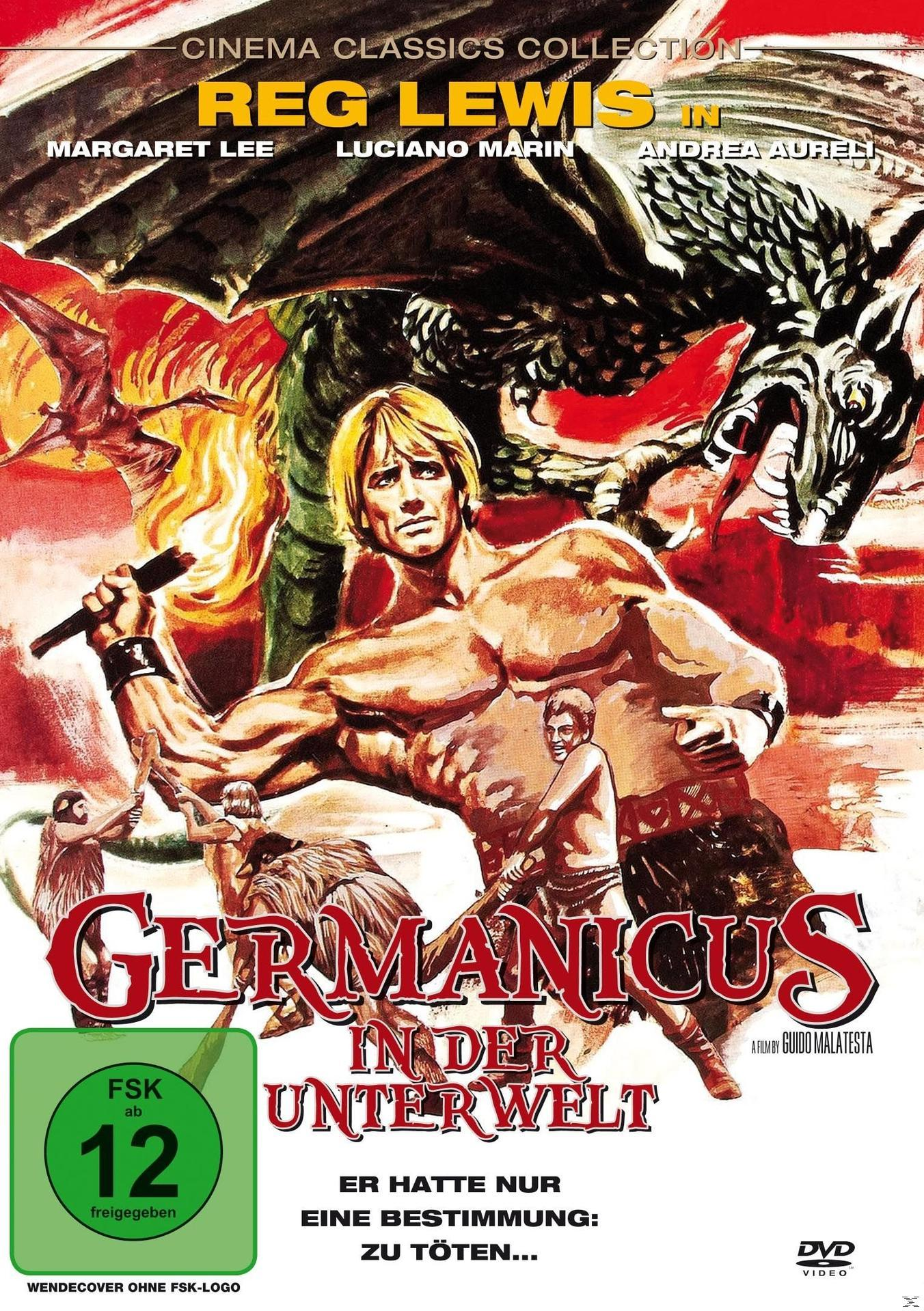 Filmposter: muskulöser Mann mit Schwert, Drache und Flammen. Text: Germanicus in der Unterwelt.