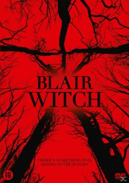 Blair Witch DVD cover. Red background, black trees. Title 'BLAIR WITCH' and tagline: 'There's something evil...'