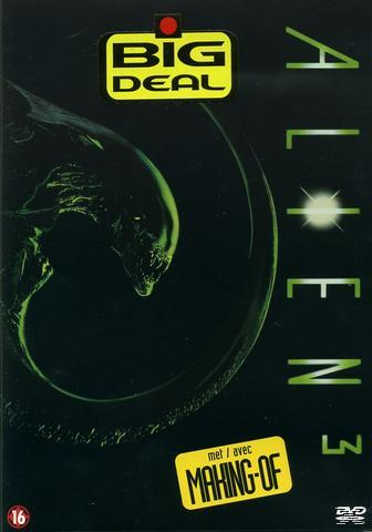 Pochette DVD du film Aliens 3. Schéma de couleurs vert et noir avec une image d'alien. Texte inclus.