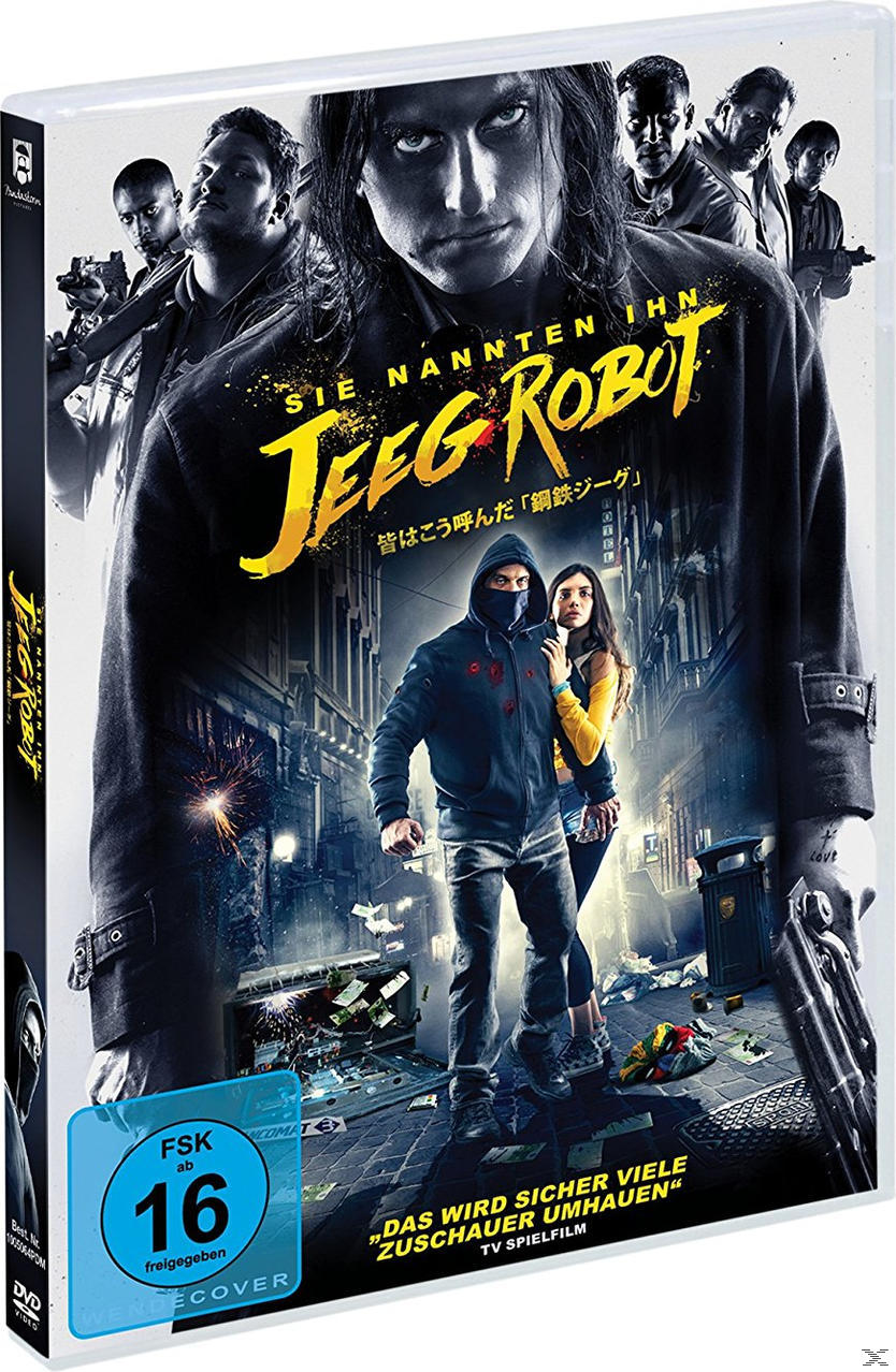 Filmcover mit einem Mann im Kapuzenpullover und einer Frau, Titel 'Sie nannten ihn Jeeg Robot'.