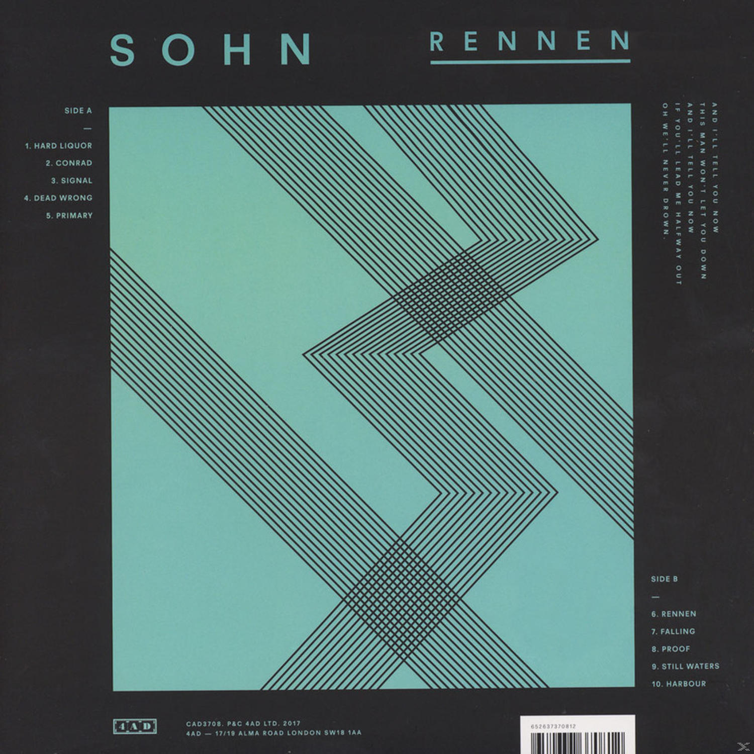Albumcover mit schwarzen Linien, die Formen auf türkisfarbenem Hintergrund bilden, mit Text und Trackliste.