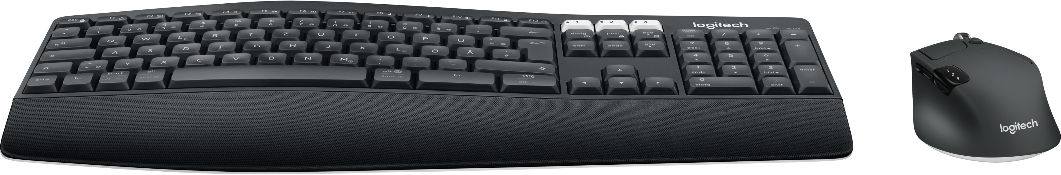 A black keyboard and a mouse. Both are from the Logitech brand.