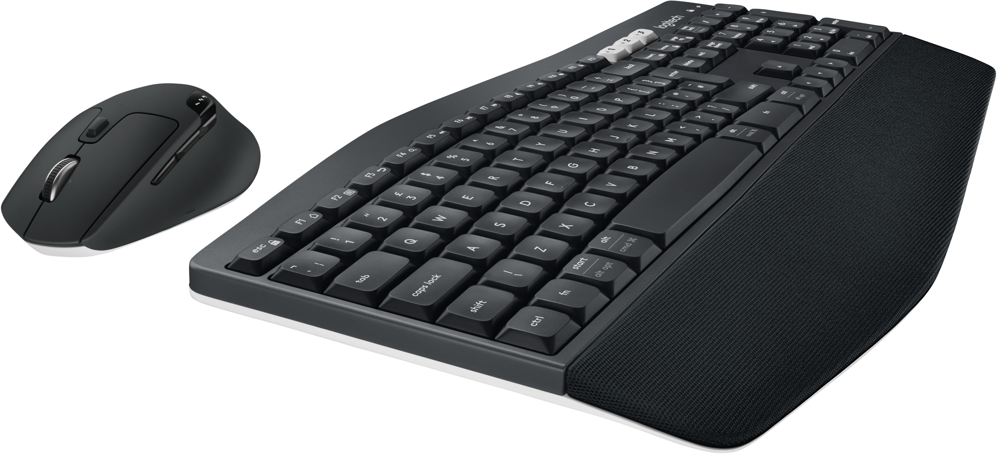 A black Logitech keyboard and mouse set. The keyboard has a wrist rest. The mouse is ergonomic.