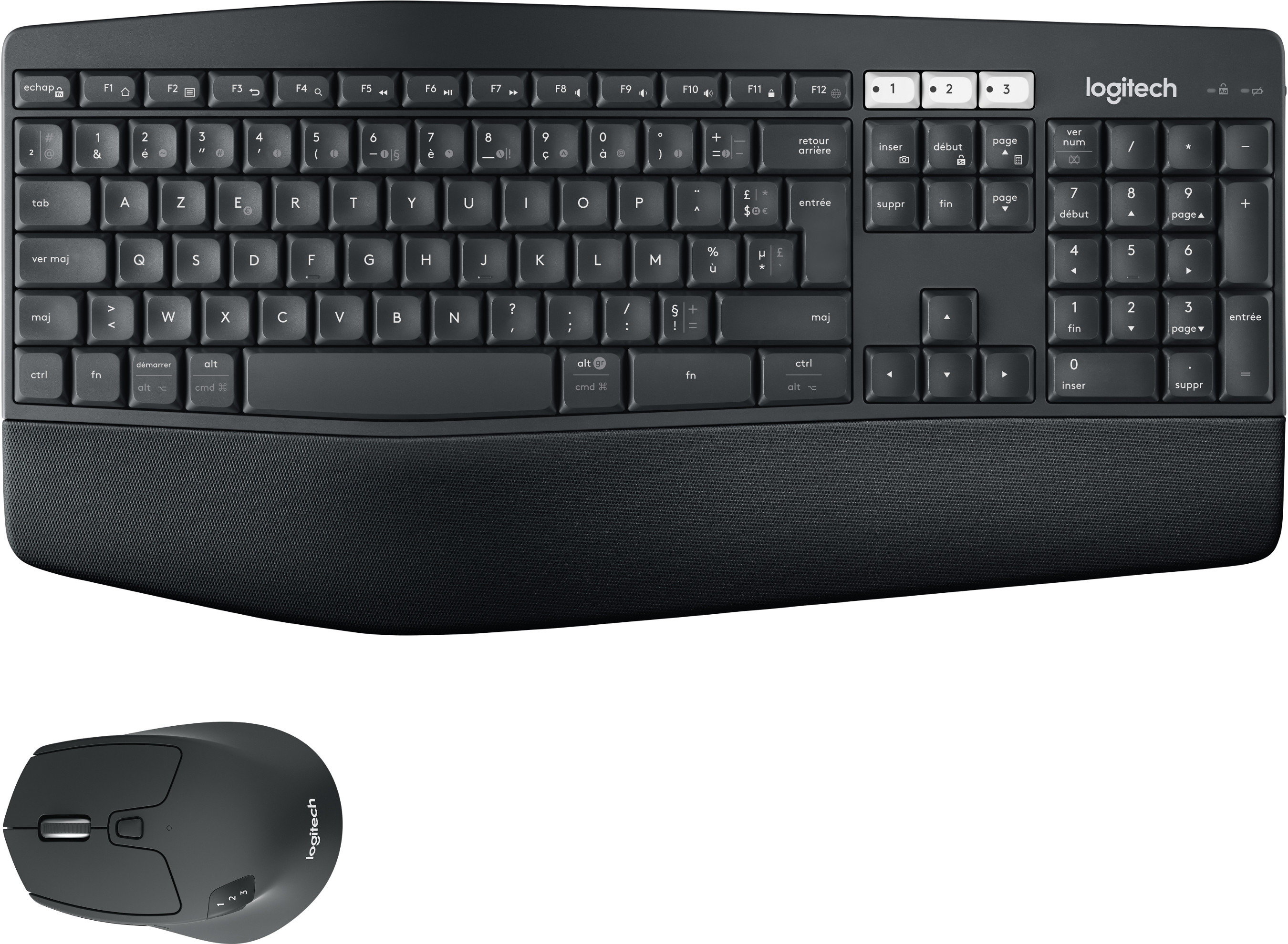 Black Logitech keyboard and mouse set, the keyboard has a curved wrist rest.