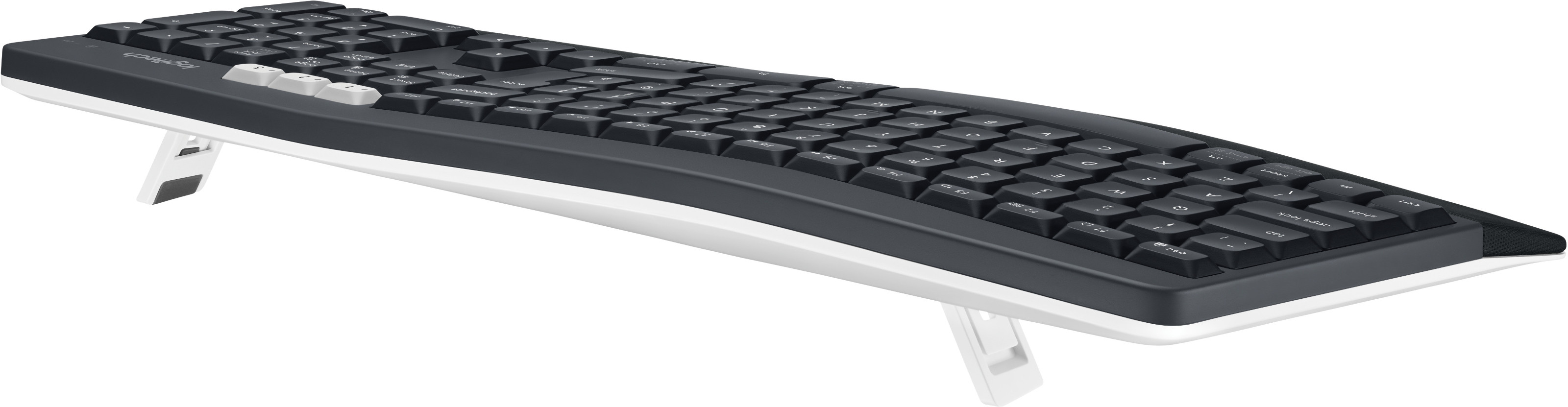 A black ergonomic keyboard with a white base and supporting legs.