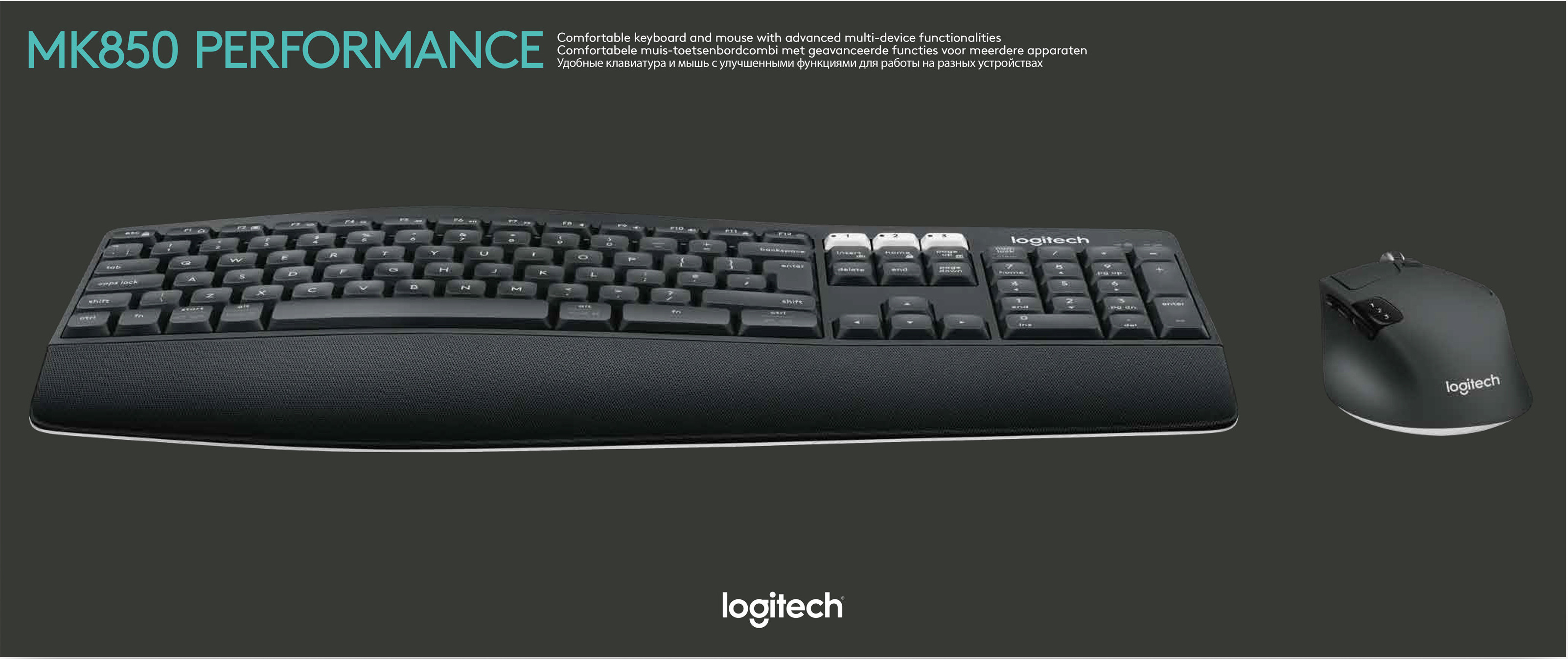 Black keyboard and mouse. Text in multiple languages. Grey background.