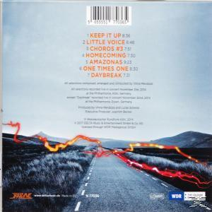 Die Rückseite einer CD mit Titelliste und Straßenbild.