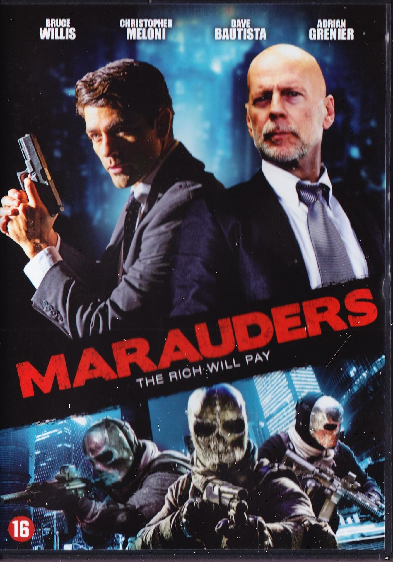 Een dvd-hoes met Bruce Willis en andere acteurs, met een stadsgezicht en de titel 'Marauders'.