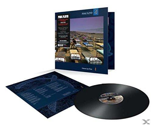 Pink Floyd Albumcover mit Vinyl-Schallplatte, Betten am Strand. Album ist dunkelblau.
