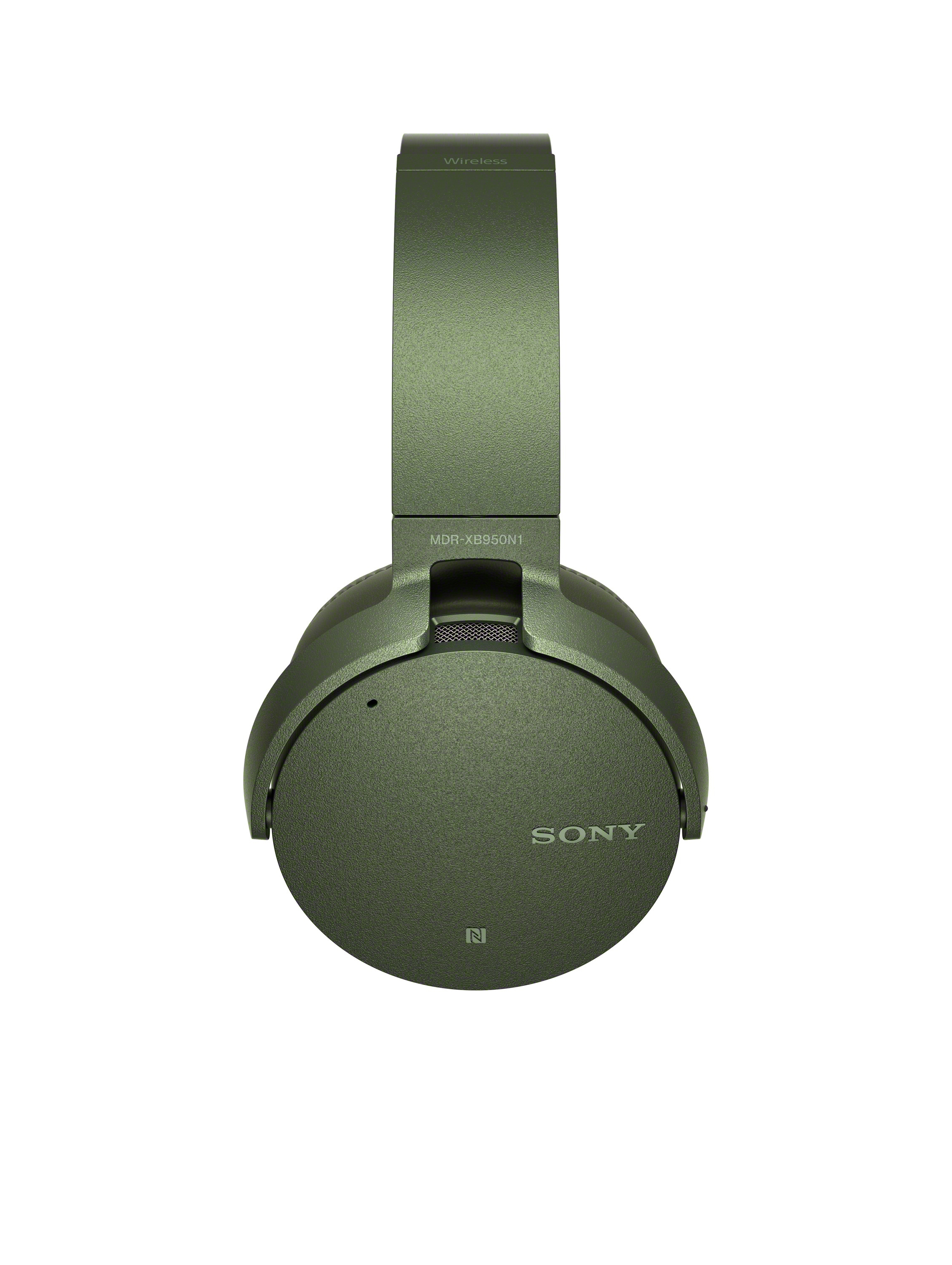 Grüne kabellose Sony-Kopfhörer auf weißem Hintergrund. Draufsicht.