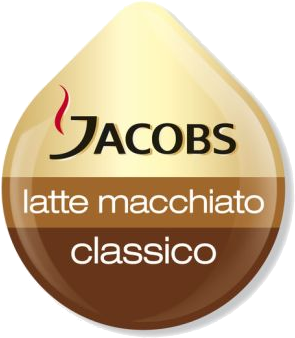 Jacobs kávé logója egy csepp alakú címkén, barna és arany, a 'latte macchiato classico' számára.