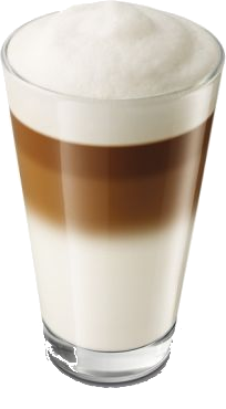 Magas pohár rétegzett latte macchiato. Fehér hab a tetején, barna kávé, fehér tej alul.