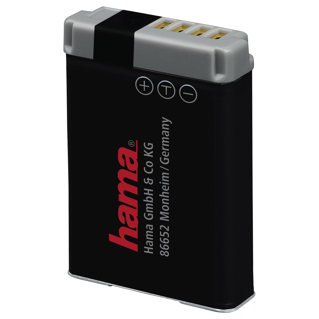 Schwarzer Akku mit grauem Oberteil. Hat Plus-, Minus-Symbole und goldene Anschlüsse. Der Markenname "hama" ist rot sichtbar.