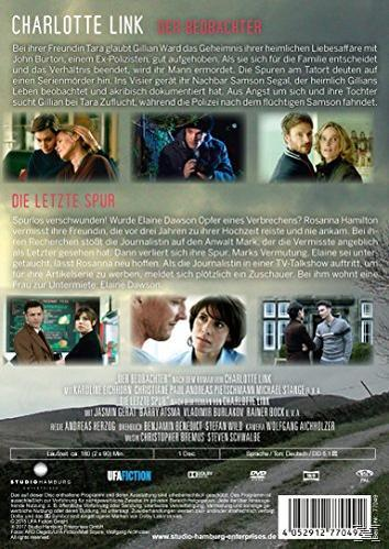 DVD-Cover: Charlotte Link - Der Beobachter, Bilder von Schauspielern, Text in mehreren Sprachen, Bewertungssymbol und Text.