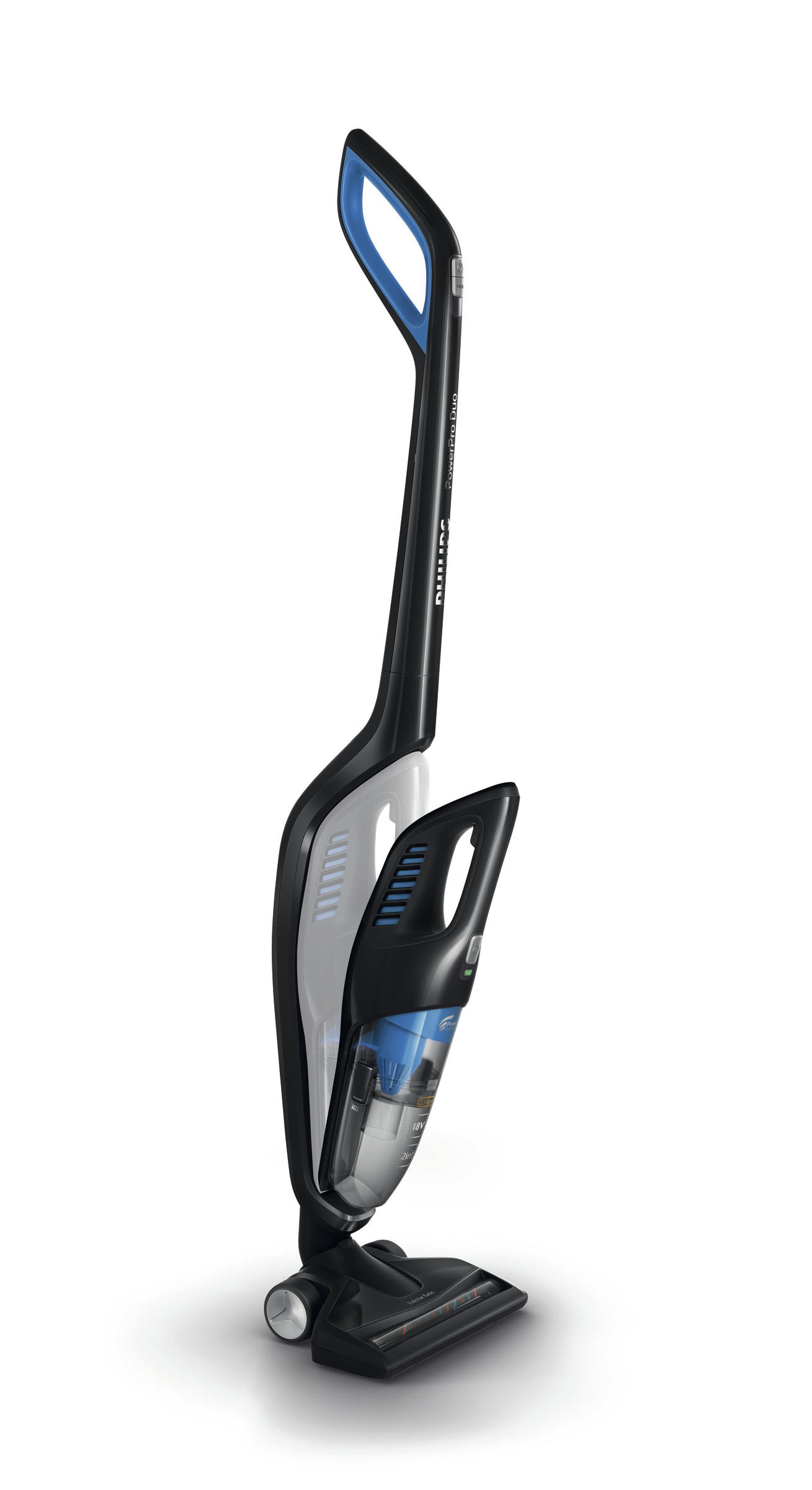 Schwarzer und grauer Philips PowerPro Duo Staubsauger. Blaue Akzente am Griff. Transparenter Staubbehälter zeigt blauen Filter. Weißer Hintergrund.