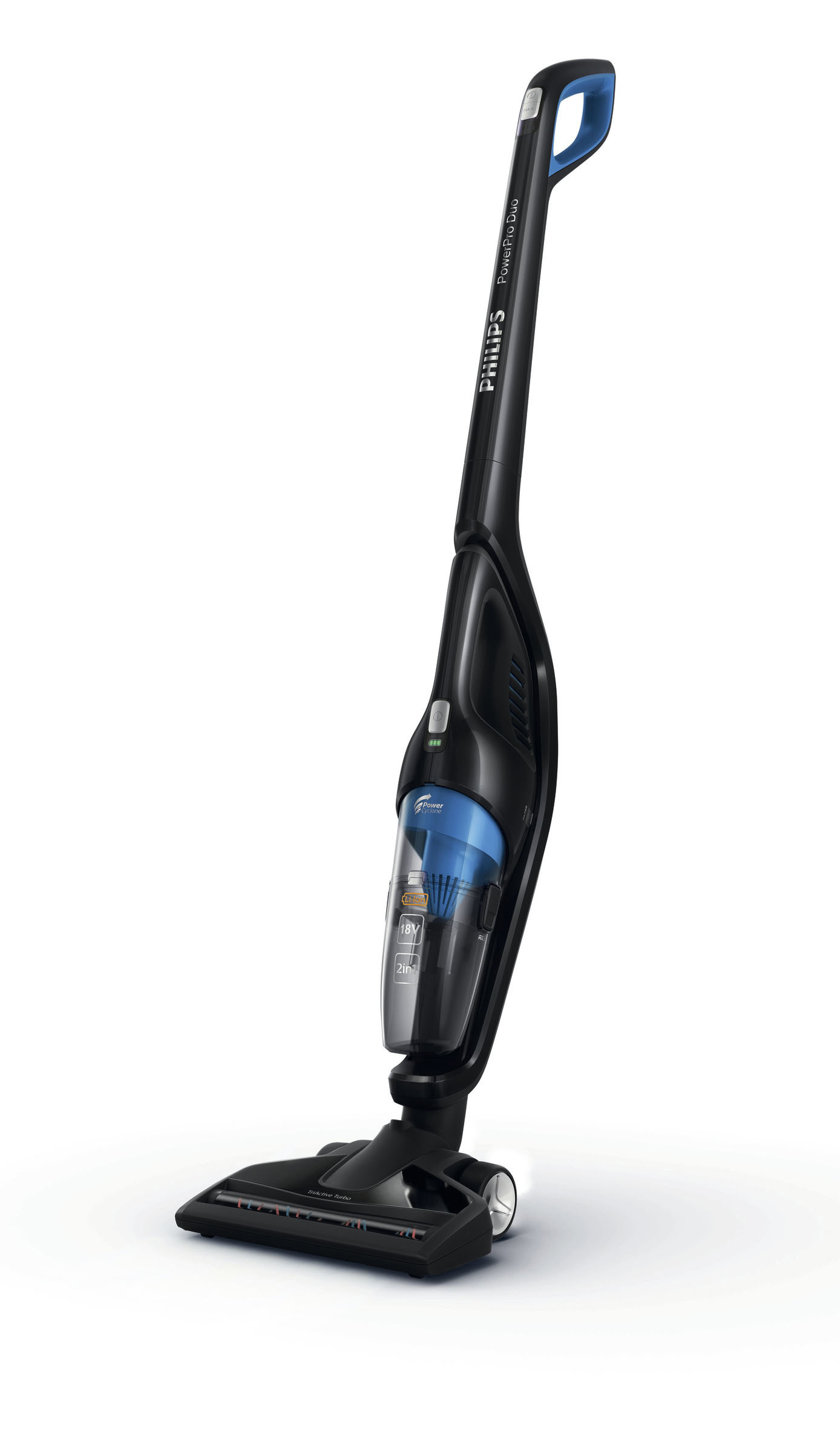 Schwarzer und blauer Philips Staubsauger auf weißem Hintergrund. Es ist kabellos und hat ein abnehmbares Teil.