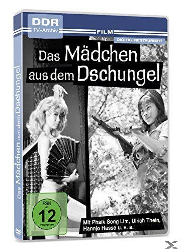DVD-Cover. Schwarz-Weiß-Bild: zwei Frauen, eine mit Fächer, die andere mit einer Waffe. Text: Das Mädchen aus dem Dschungel.