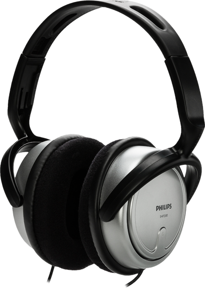 Ezüst-fekete Philips fejhallgató fekete kábellel, fehér, texturált háttéren.